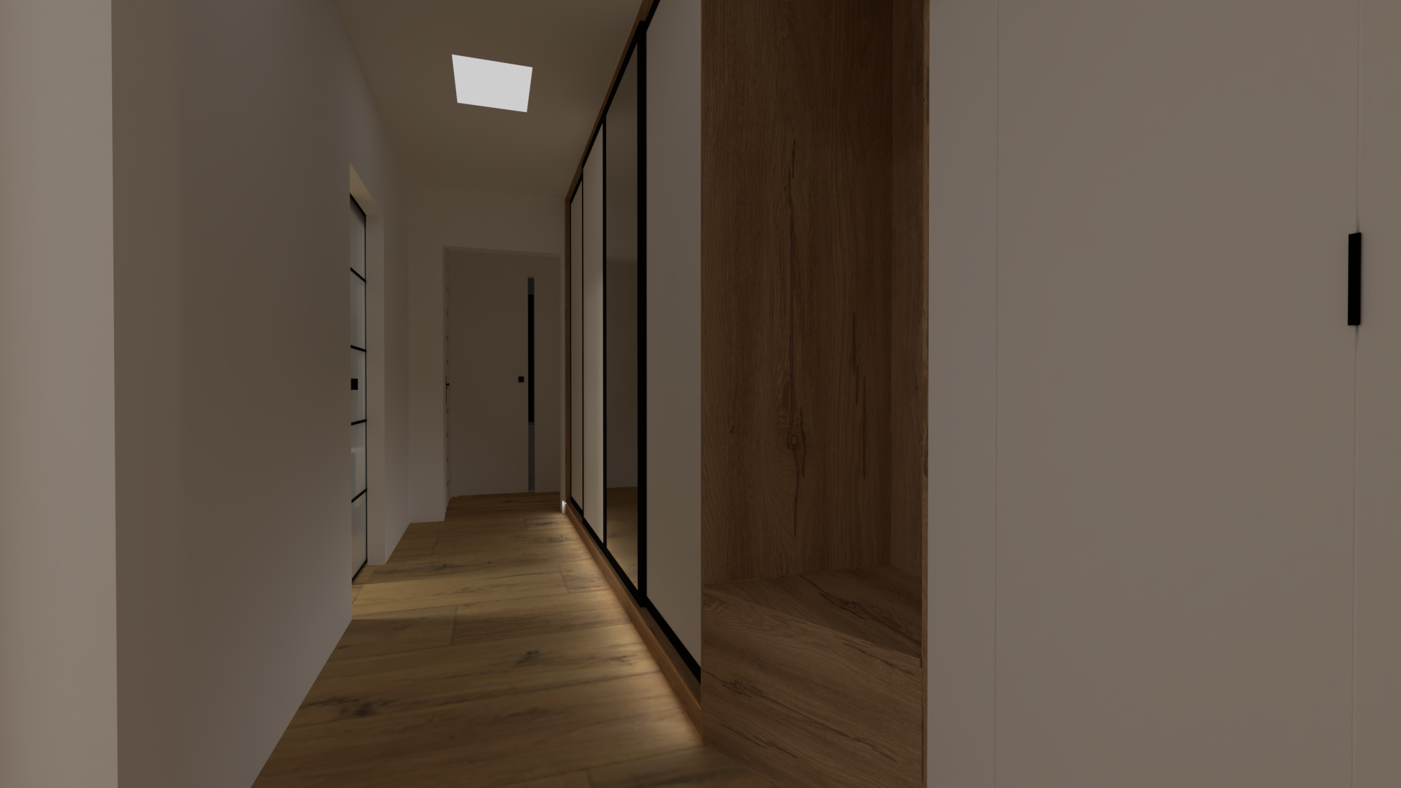Do dlouhé chodby jsme umístili obrovskou vestavnou skříň (dlouhou přes 5m)  Do soklové lišty skříně jsme umístili led podsvícení, které se ve tmě při pohybu samo zapne.