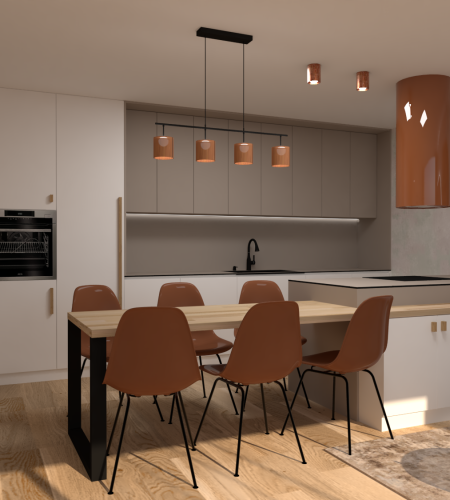 Zemitá taupe, rozjasňující měděná a teplá bílá – to je silné trio barev, které nám definují daný prostor.