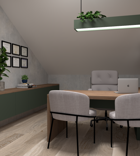 Návrh kanceláře - jednací místnosti pro potkávání se s klienty.